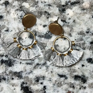 Statement Earrings Gold stud w/ grey-blue tassels